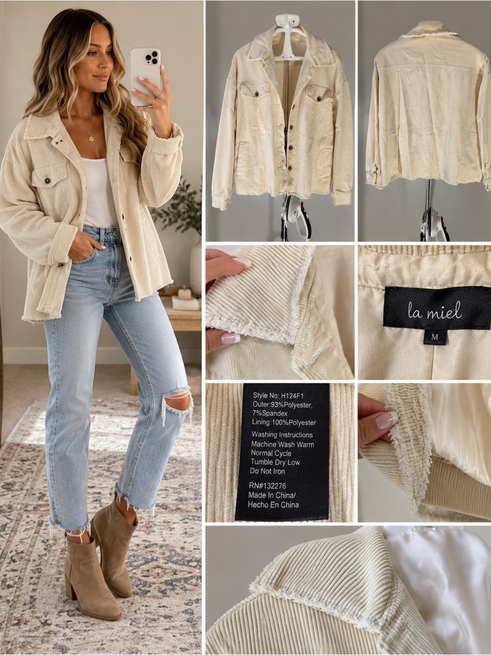 La Miel Cream Oversized Corduroy Shacket Jacket Medium Boho Raw Hem